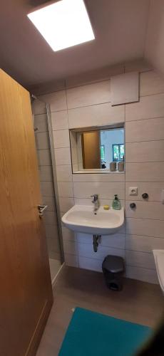 a bathroom with a sink and a mirror at Ziegfried#Ziegenhof in Radebeul