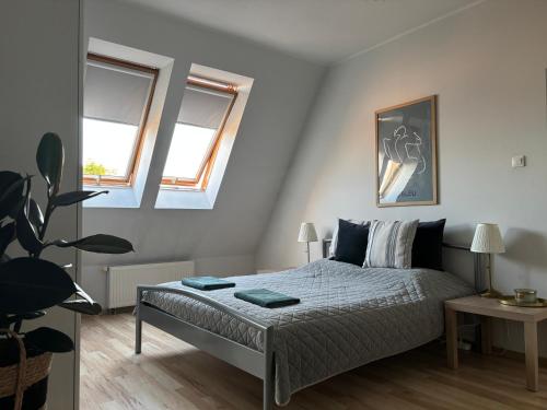 a bedroom with a bed and two windows at Apartament Królewiecka in Płock