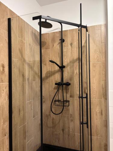 a shower in a bathroom with a wooden wall at Apartament Królewiecka in Płock
