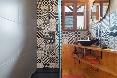 a bathroom with a shower with a sink and a mirror at Chalet En Périgord Vert in Sainte-Croix-de-Mareuil