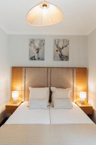 a bedroom with a large bed with two lamps at Vistas da Villa in Cabeceiras de Basto