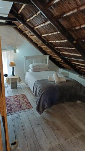 a bedroom with a large bed in an attic at The Coach House Bredasdorp in Bredasdorp