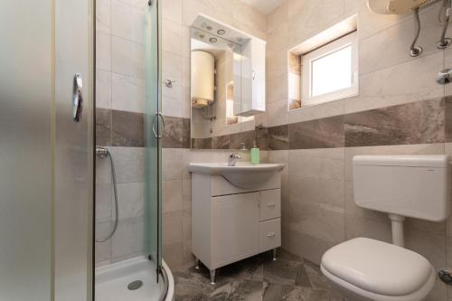 a bathroom with a toilet and a sink and a shower at Apartments PoolHouse in Metajna