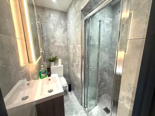 a bathroom with a shower and a sink at Spacious one bedroom flat- super fast Wifi - slp4 -SHIP02 in Brighton & Hove