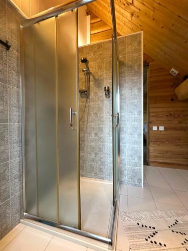 a shower with a glass door in a bathroom at North Lakeside B&B Plateliai in Plateliai