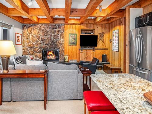 ein Wohnzimmer mit Sofa und Kamin in der Unterkunft Tree Top Condo in Vail