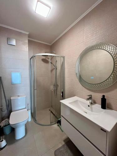a bathroom with a shower and a toilet and a sink at Sorrento Pool View Apartment in Sveti Vlas