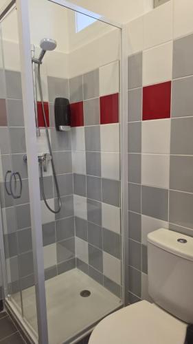 a bathroom with a shower with a toilet at L'hostellerie de la vallée in Gimel
