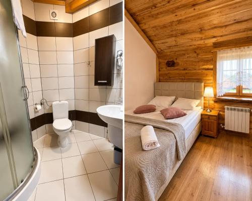 a bathroom with a bed and a toilet and a sink at Troll in Cisna