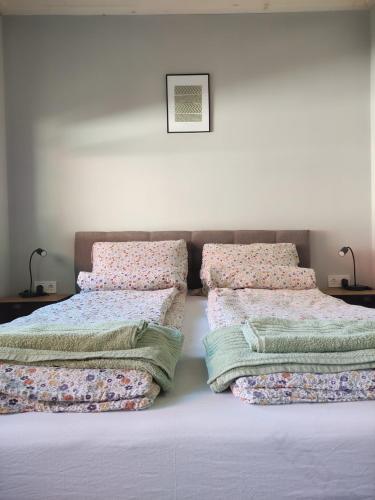 a bedroom with two beds with pillows on it at Strázsa Porta in Monor