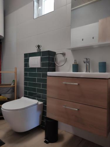 a bathroom with a toilet and a sink at Strázsa Porta in Monor