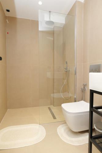 a bathroom with a shower and a toilet at Safir Luxury Suites in Sarandë