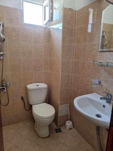 a bathroom with a toilet and a sink at Студия Синя приказка in Sozopol