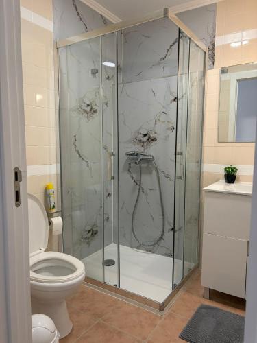 a bathroom with a glass shower with a toilet at Coruche Pool & Jacuzzi Residence - Condomínio Privado in Coruche