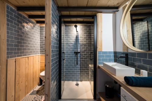 a bathroom with a shower and a sink at Le Cocon - Grospierres in Grospierres