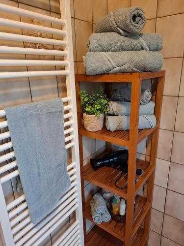 a towel and towels on a shelf in a bathroom at Ferienwohnung See und Sonne in Obing