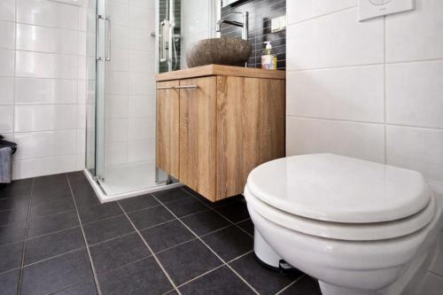 a bathroom with a toilet and a shower at Odin Camping AS in Svensrud