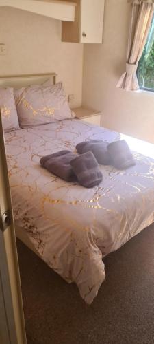 a bed with blue pillows on it in a bedroom at 19 Vale Park in Fishguard