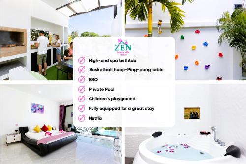 eine Fotocollage eines Wohnzimmers mit einem Schild in der Unterkunft Zen Luxury Villa, Rooftop BBQ, Resort Pool & Kids Zone in Rawai Beach