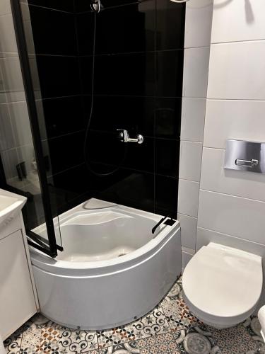 a bathroom with a shower with a toilet and a sink at Prowansalski Sen - pokój z łazienką nr 3 in Poznań