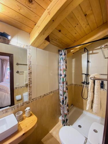 a bathroom with a tub and a toilet and a sink at A Casa Amodiño in O Freixo