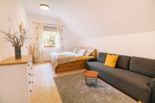 a living room with a couch and a bed at Vinný sklep André in Chvalovice