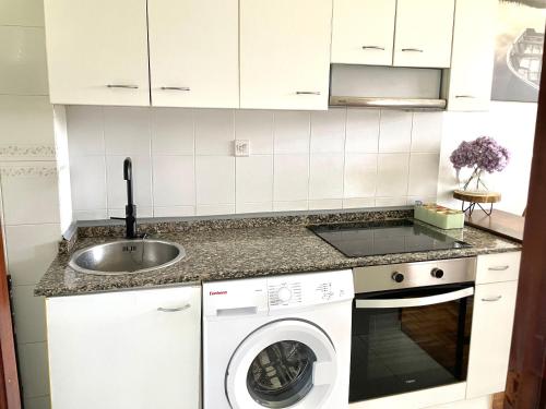a kitchen with a sink and a washing machine at Rincon en el Rio Sella in Ribadesella