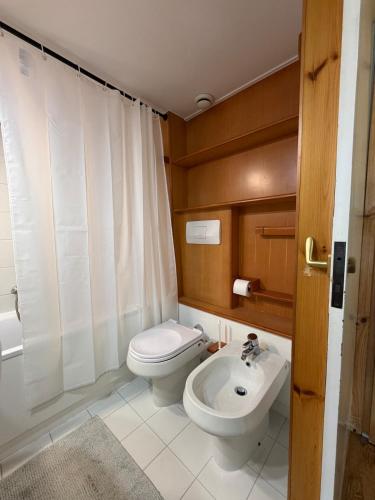 a bathroom with a toilet and a sink at Rifugio Artuik 1400 in Marilleva