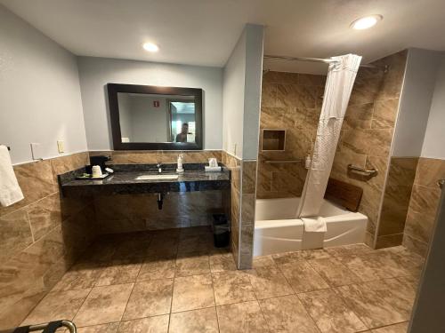 a bathroom with a sink and a shower and a tub at Baymont by Wyndham Manteca in Manteca