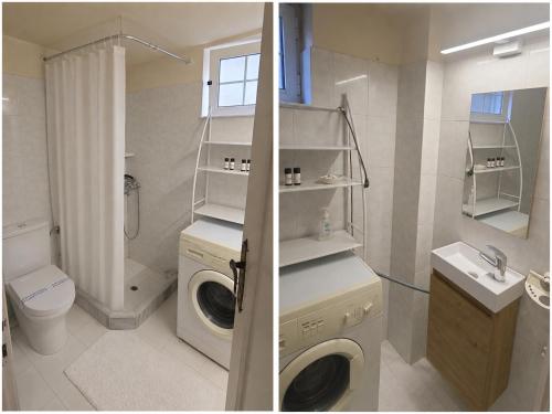 two pictures of a bathroom with a washing machine at Camvas Apartments in Panormos Kalymnos