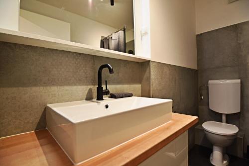 a bathroom with a white sink and a toilet at Ries Rosina - bei LKH GRAZ - NEUERÖFFNUNG - Self Check In 24-7 in Graz