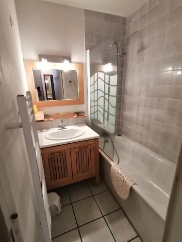 a bathroom with a sink and a tub and a mirror at Port Aloès in Cerbère