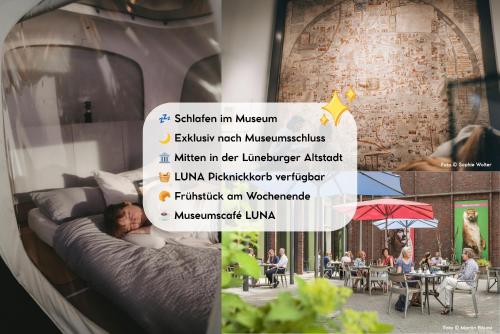 a poster for a event in a building with a bed at One Night in a Museum - LUNA Sleep Cube in Lüneburg