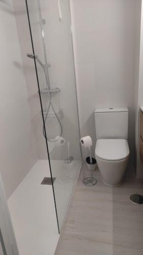 a bathroom with a toilet and a glass shower at Sky in Noja