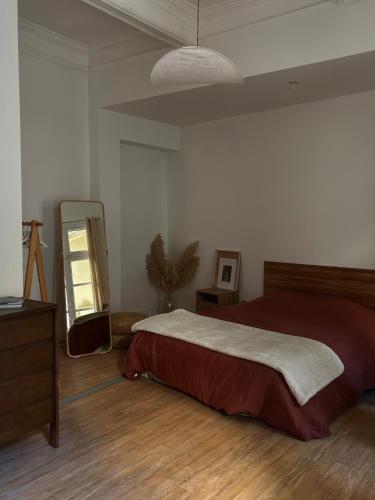 a bedroom with a bed and a dresser and a mirror at L'Écrin in Béziers