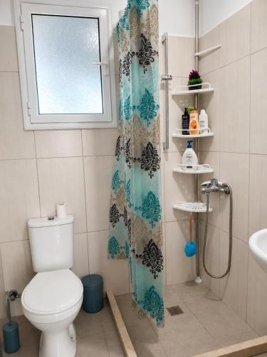 a bathroom with a toilet and a shower curtain at The Pine House in Fier