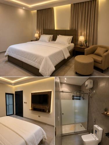 two pictures of a hotel room with a bed and a tv at DE Lounge Inn in Ikorodu