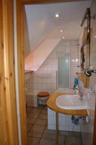 a bathroom with a sink and a toilet at Boddenbrise in Born