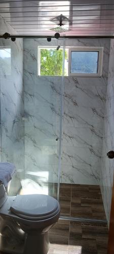 a bathroom with a toilet and a glass shower at La cabañita VIP in Minca