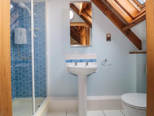 a bathroom with a sink and a shower at Stowey Mead Stables in Bristol