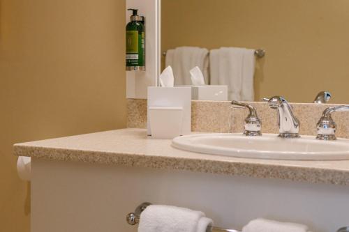 a bathroom counter with a sink and a mirror at Riverbend Inn & Vineyard in Niagara-on-the-Lake