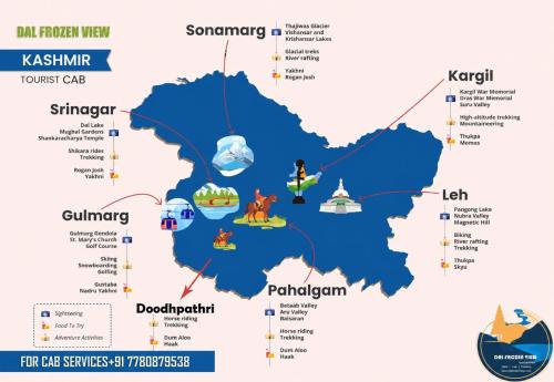 a map of kashmir and its attractions at Dal frozen in Srinagar