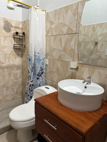 a bathroom with a sink and a toilet and a mirror at ACOGEDOR DEPa CON GARAGE PRIVADO in Nueva Loja
