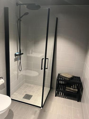 a shower with a glass door in a bathroom at New! Mountain apartment close to Hardangervidda in Eidfjord