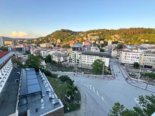 an aerial view of a city with a street at BALKAN TOWER- Apartment Viktoria in Gabrovo