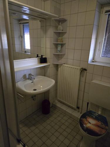a small bathroom with a sink and a toilet at Biker Hotel Harmonie in Bad Grund