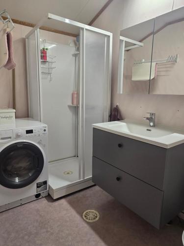 a bathroom with a washing machine and a sink at Airport Central Apartment in Alta