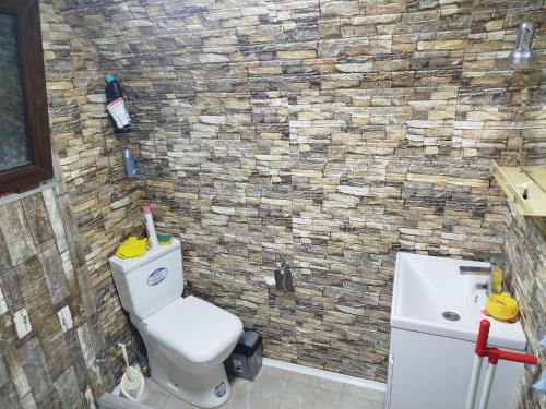 a bathroom with a toilet and a stone wall at Roinis Villa in T'khilnari