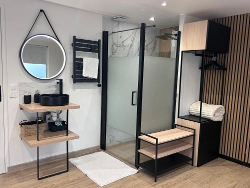 a bathroom with a shower and a mirror at Studio chic et cocon proche de Disney in Lagny