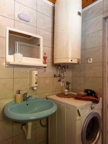 a bathroom with a sink and a washing machine at Ljubav Stara Zaovine in Lazići